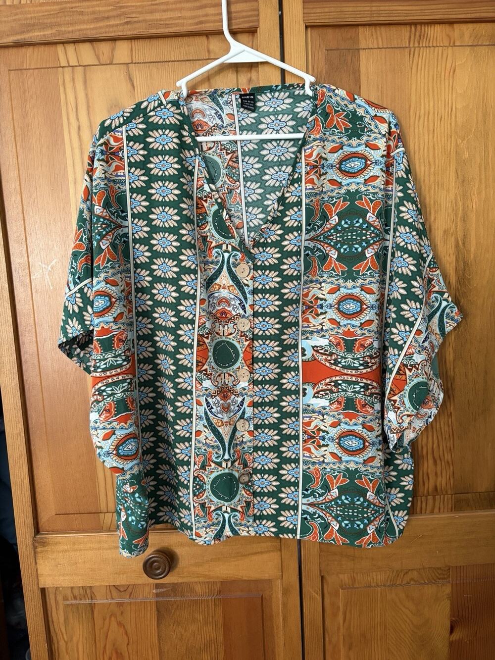 Women’s Shein Green Boho Print V Neck 3/4 Sleeve Blouse Size L